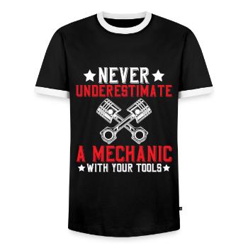 Never underestimate a mechanic - Men's Ringer Shirt - black/white - Front - AI Model Female 172 light (172cm) & AI Model Male 178 light (178cm)