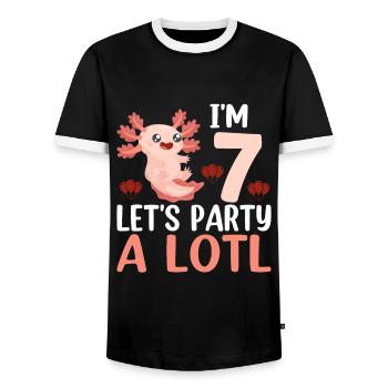 I Am 7 Let's Party A Lotl - Funny Axolotl - Men's Ringer Shirt - black/white - Front - AI Model Female 172 light (172cm) & AI Model Male 178 light (178cm)