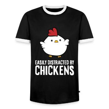 Facilement distrait par les poulets - T-shirt contrasté Homme - noir/blanc - Devant - AI Model Female 172 light (172cm) & AI Model Male 178 light (178cm)
