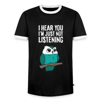 I Hear You I'm Just Not Listening Cute Owl - Men's Ringer Shirt - black/white - Front - AI Model Female 172 light (172cm) & AI Model Male 178 light (178cm)