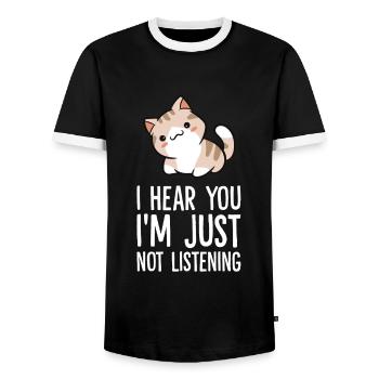 Je t’entends, je n’écoute pas Funny Cat - T-shirt contrasté Homme - noir/blanc - Devant - AI Model Female 172 light (172cm) & AI Model Male 178 light (178cm)