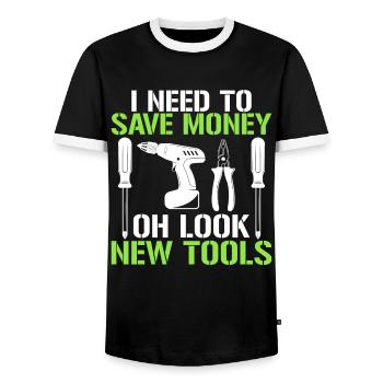 Ich Muss Geld Sparen Oh Schau Mal Neues Werkzeug - Männer Kontrast-T-Shirt - Schwarz/Weiß - Vorne - AI Model Female 172 light (172cm) & AI Model Male 178 light (178cm)