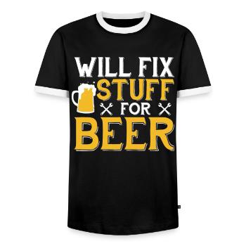 I will fix stuff for beer - craftsmen - Men's Ringer Shirt - black/white - Front - AI Model Female 172 light (172cm) & AI Model Male 178 light (178cm)