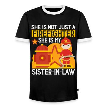 She is not just a firefighter - fire brigade - Men's Ringer Shirt - black/white - Front - AI Model Female 172 light (172cm) & AI Model Male 178 light (178cm)
