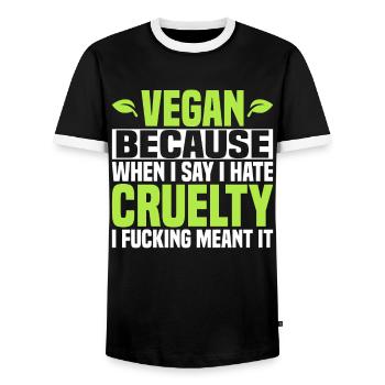 Vegan Because I Hate Cruelty - Vegan - Men's Ringer Shirt - black/white - Front - AI Model Female 172 light (172cm) & AI Model Male 178 light (178cm)