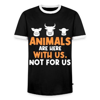 Les animaux sont ici avec nous. Pas pour nous. -Végétalien - T-shirt contrasté Homme - noir/blanc - Devant - AI Model Female 172 light (172cm) & AI Model Male 178 light (178cm)