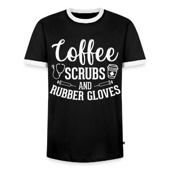 Coffee and rubber gloves - Fun nursing - Men's Ringer Shirt - black/white - Front - AI Model Female 172 light (172cm) & AI Model Male 178 light (178cm)