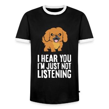 Chien pékinois Je t’entends, je n’entends tout simplement pas - T-shirt contrasté Homme - noir/blanc - Devant - AI Model Female 172 light (172cm) & AI Model Male 178 light (178cm)