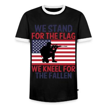 We stand for the flag We kneel for the fallen - Men's Ringer Shirt - black/white - Front - AI Model Female 172 light (172cm) & AI Model Male 178 light (178cm)