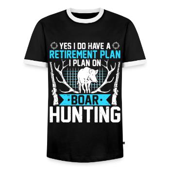 Retirement plan is to go hunting - Men's Ringer Shirt - black/white - Front - AI Model Female 172 light (172cm) & AI Model Male 178 light (178cm)