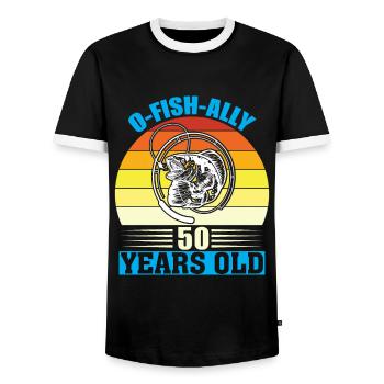 O-Fish-Ally 50 years old - Men's Ringer Shirt - black/white - Front - AI Model Female 172 light (172cm) & AI Model Male 178 light (178cm)