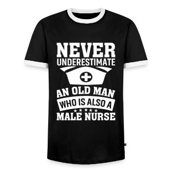 Ne sous-estimez jamais un vieil homme qui est aussi un vieil homme. - T-shirt contrasté Homme - noir/blanc - Devant - AI Model Female 172 light (172cm) & AI Model Male 178 light (178cm)