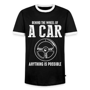 Behind The Wheel Of A Car Anything Is Possible. - Men's Ringer Shirt - black/white - Front - AI Model Female 172 light (172cm) & AI Model Male 178 light (178cm)