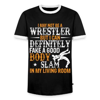 Ich bin vielleicht kein Wrestler, aber ich kann definitiv vortäuschen - Männer Kontrast-T-Shirt - Schwarz/Weiß - Vorne - AI Model Female 172 light (172cm) & AI Model Male 178 light (178cm)