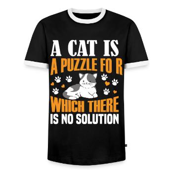 Un chat est un casse-tête pour lequel il n’y a pas de solution. - T-shirt contrasté Homme - noir/blanc - Devant - AI Model Female 172 light (172cm) & AI Model Male 178 light (178cm)
