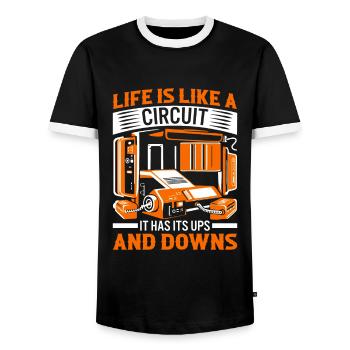 La vie est comme un circuit ; Il y a des hauts et des bas ! - T-shirt contrasté Homme - noir/blanc - Devant - AI Model Female 172 light (172cm) & AI Model Male 178 light (178cm)