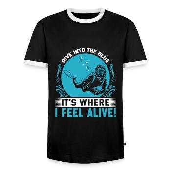 Dive into the blue – it’s where I feel alive! - Men's Ringer Shirt - black/white - Front - AI Model Female 172 light (172cm) & AI Model Male 178 light (178cm)