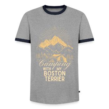 Boston Terrier Camping Outdoor Hiking - Men's Ringer Shirt - grey/navy  - Front - AI Model Female 172 light (172cm) & AI Model Male 178 light (178cm)