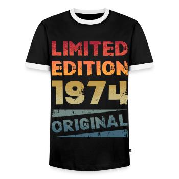 Limited Edition 50th Birthday Party Vintage 1974 - Men's Ringer Shirt - black/white - Front - AI Model Female 172 light (172cm) & AI Model Male 178 light (178cm)