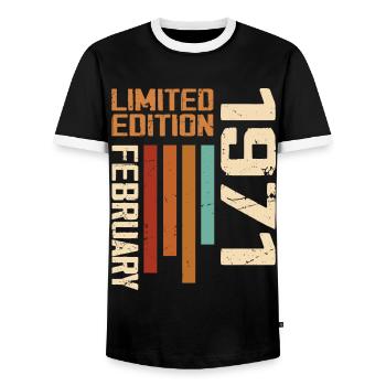 Born in February 1971 Retro 1971 Birthday - Men's Ringer Shirt - black/white - Front - AI Model Female 172 light (172cm) & AI Model Male 178 light (178cm)