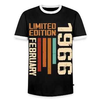 Born in February 1966 Retro 1966 Birthday - Men's Ringer Shirt - black/white - Front - AI Model Female 172 light (172cm) & AI Model Male 178 light (178cm)