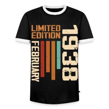 Born in February 1938 Retro 1938 Birthday - Men's Ringer Shirt - black/white - Front - AI Model Female 172 light (172cm) & AI Model Male 178 light (178cm)
