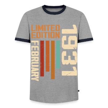 Born in February 1931 Retro 1931 Birthday - Men's Ringer Shirt - grey/navy  - Front - AI Model Female 172 light (172cm) & AI Model Male 178 light (178cm)