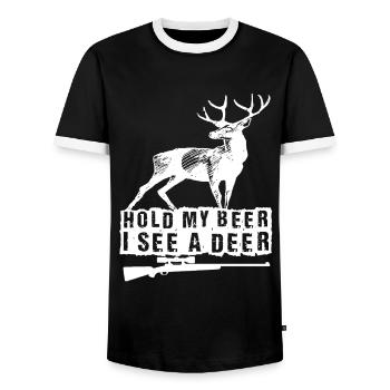 Hunter Hold My Beer I See A Deer - Men's Ringer Shirt - black/white - Front - AI Model Female 172 light (172cm) & AI Model Male 178 light (178cm)