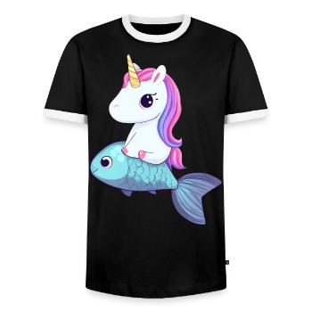 La licorne monte sur le poisson - T-shirt contrasté Homme - noir/blanc - Devant - AI Model Female 172 light (172cm) & AI Model Male 178 light (178cm)