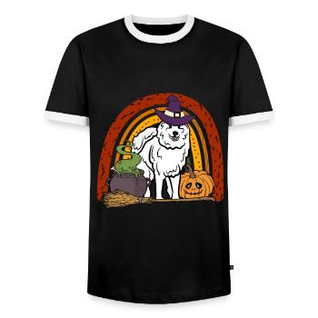 Cute Samoyed Halloween Dog - Men's Ringer Shirt - black/white - Front - AI Model Female 172 light (172cm) & AI Model Male 178 light (178cm)