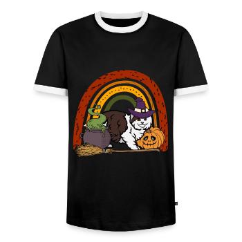 Cymric Halloween Katze - Männer Kontrast-T-Shirt - Schwarz/Weiß - Vorne - AI Model Female 172 light (172cm) & AI Model Male 178 light (178cm)