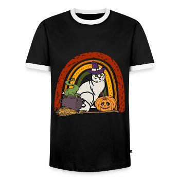 Mignon Chat d’Halloween Burmilla - T-shirt contrasté Homme - noir/blanc - Devant - AI Model Female 172 light (172cm) & AI Model Male 178 light (178cm)