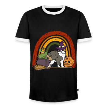 Scottish Folding Ear Cat Halloween Cat - Men's Ringer Shirt - black/white - Front - AI Model Female 172 light (172cm) & AI Model Male 178 light (178cm)