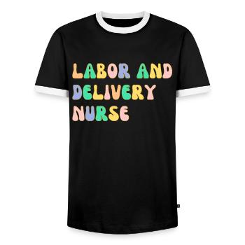 Labor and delivery nurse - Men's Ringer Shirt - black/white - Front - AI Model Female 172 light (172cm) & AI Model Male 178 light (178cm)