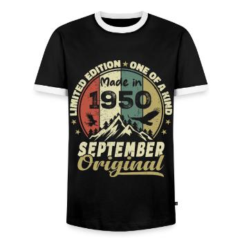 1950 - Les légendes sont nées en septembre 1950 - T-shirt contrasté Homme - noir/blanc - Devant - AI Model Female 172 light (172cm) & AI Model Male 178 light (178cm)