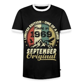 1969 - The Legends were born in September 1969 - Men's Ringer Shirt - black/white - Front - AI Model Female 172 light (172cm) & AI Model Male 178 light (178cm)