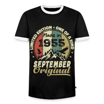 1955 - Die Legenden werden im September 1955 geboren - Männer Kontrast-T-Shirt - Schwarz/Weiß - Vorne - AI Model Female 172 light (172cm) & AI Model Male 178 light (178cm)