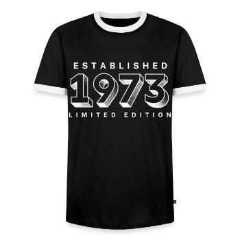ESTABLISHED 1973, LEGEND 1973, VINTAGE 1973 - Men's Ringer Shirt - black/white - Front - AI Model Female 172 light (172cm) & AI Model Male 178 light (178cm)