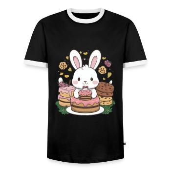 Dessin animé lapin kawaii avec des biscuits et un gâteau - T-shirt contrasté Homme - noir/blanc - Devant - AI Model Female 172 light (172cm) & AI Model Male 178 light (178cm)