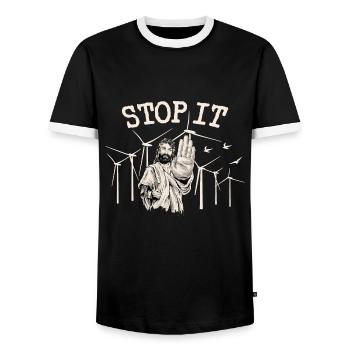 Stop wind energy - Jesus Against Wind Power - Men's Ringer Shirt - black/white - Front - AI Model Female 172 light (172cm) & AI Model Male 178 light (178cm)