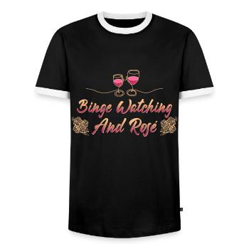 Binge Watching And Rosé Wine Serial Junkie TV Series - Men's Ringer Shirt - black/white - Front - AI Model Female 172 light (172cm) & AI Model Male 178 light (178cm)