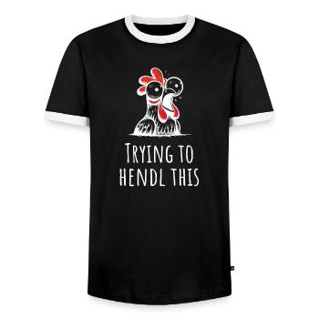 trying to hendl this hühner hahn - Männer Kontrast-T-Shirt - Schwarz/Weiß - Vorne - AI Model Female 172 light (172cm) & AI Model Male 178 light (178cm)