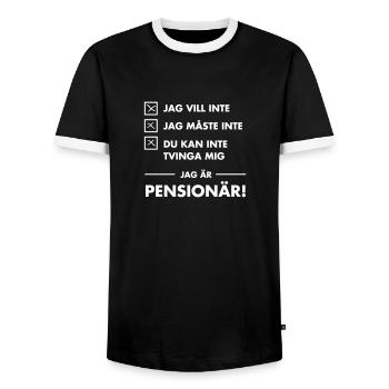Rolig slogan Jag är pensionär - Men's Ringer Shirt - black/white - Front - AI Model Female 172 light (172cm) & AI Model Male 178 light (178cm)