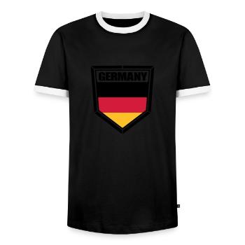 texte bouclier blason forme bouton 3 couleurs Alle - T-shirt contrasté Homme - noir/blanc - Devant - AI Model Female 172 light (172cm) & AI Model Male 178 light (178cm)