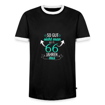 So gut sieht man mit 66 Jahren aus - Männer Kontrast-T-Shirt - Schwarz/Weiß - Vorne - AI Model Female 172 light (172cm) & AI Model Male 178 light (178cm)