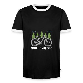 Mon vélo est mon thérapeute. Graphisme cycliste - T-shirt contrasté Homme - noir/blanc - Devant - AI Model Female 172 light (172cm) & AI Model Male 178 light (178cm)