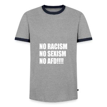 no racism no sexism no afd - Men's Ringer Shirt - grey/navy  - Front - AI Model Female 172 light (172cm) & AI Model Male 178 light (178cm)