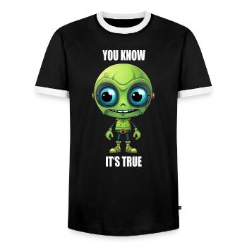 Tête de cyborg extraterrestre vert avec des dents - « Vous le savez » - T-shirt contrasté Homme - noir/blanc - Devant - AI Model Female 172 light (172cm) & AI Model Male 178 light (178cm)