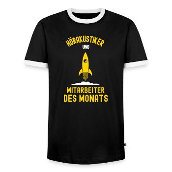 Hearing Aid Acoustician Employee of the Month Hearing Acoustics - Men's Ringer Shirt - black/white - Front - AI Model Female 172 light (172cm) & AI Model Male 178 light (178cm)