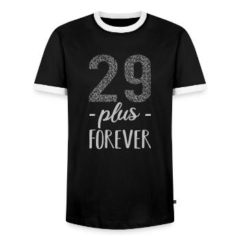 Lustige Geburtstagssprüche - 29 plus + forever - Männer Kontrast-T-Shirt - Schwarz/Weiß - Vorne - AI Model Female 172 light (172cm) & AI Model Male 178 light (178cm)